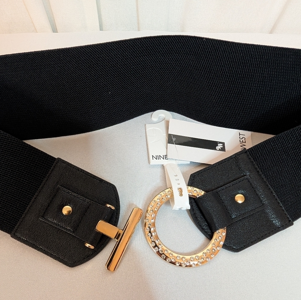 Nine West Black Black 3” Elastic With Gold Rhinestone Round Buckle L / LX - Picture 7 of 7